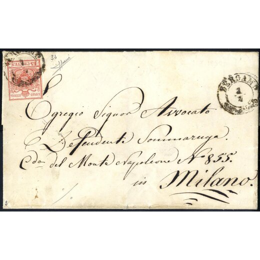 1850, 15 Cent. rosso carminio, prima tiratura, su lettera da Cremona, firm. Sorani(Sass. 3b - ANK 3HI Erstdruck)