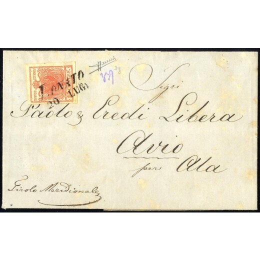 1850, 15 Cent. rosso vemiglio intenso su lettera da Lonato, firm. Sorani (Sass. 3g - ANK 3HI)