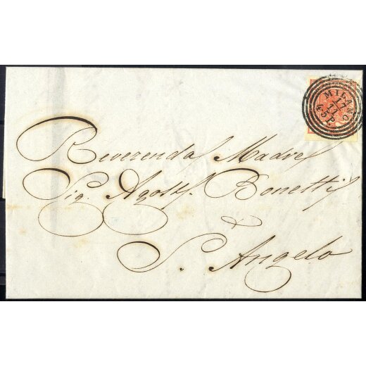 1850, 15 Cent. rosso vemiglio, secondo tipo, su lettera da Milano (Sass. 4 - ANK 3HIIa)