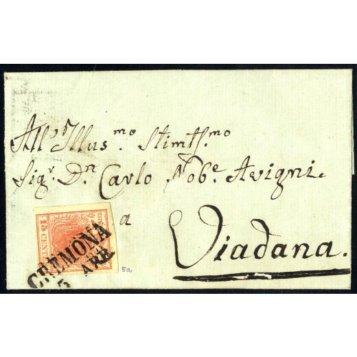 1850, 15 Cent. rosa carminio, secondo tipo, su lettera da Cremona (Sass. 5a - ANK 3HIIb)
