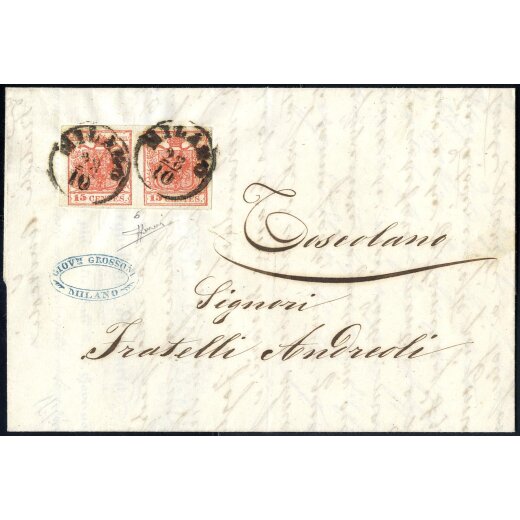 1850, 15 Cent. rosso, terzo tipo, coppia su lettera da Milano, firm. Sorani (Sass. 6 - ANK 3HIII)