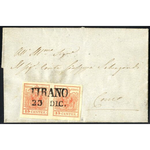 1850, 15 Cent. rosso, terzo tipo, coppia su lettera da Tirano (Sass. 6 - ANK 3HIII)