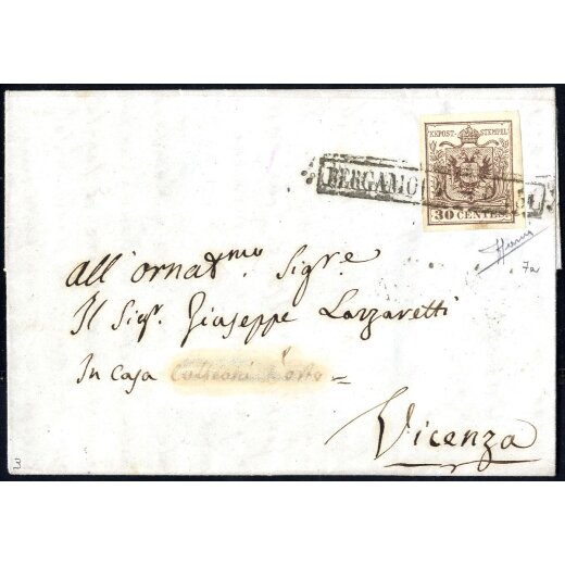 1850, 30 Cent. bruno chiaro, prima tiratura, su lettera da Bergamo, firm. Sorani (Sass. 7a - ANK 4HI Erstdruck)