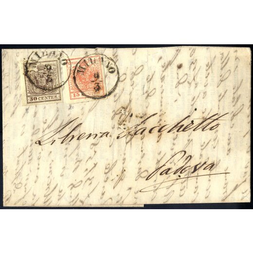 1850/54, Lettera da Mialno 9.3.1855 per Padova affrancata con Sass. 8 + 20, splendida