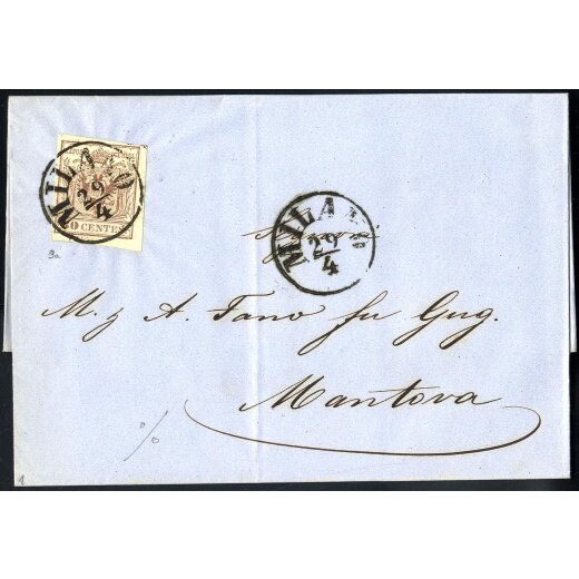 1850, 30 Cent. bruno lillaceo chiaro su lettera da Milano (Sass. 9a - ANK 4HIII)