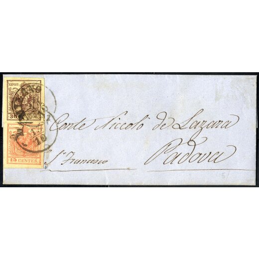 1850/54, Lettera della terza distanza da Milano affrancata con Sass. 9 + 20