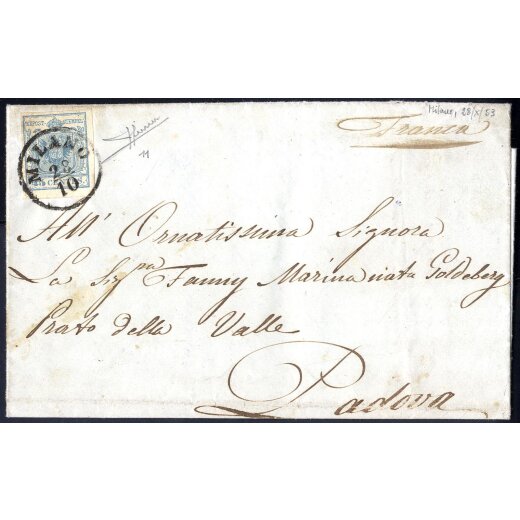 1850, 45 Cent. azzurro ardesia su lettera da Milano, firm. Sorani (Sass. 11/ 450,-)