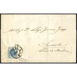 1850, 45 Cent. azzurro, terzo tipo, su lettera da Milano,...