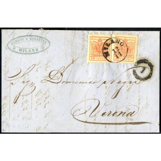 1854, 15 Cent. rosso vermiglio, carta a macchina, due esemplari su lettera da Milano, (Sass. 20 - ANK 3MIII)
