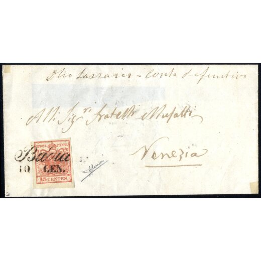 1850, 15 Cent. rosso, primo tipo, su lettera da Badia, firm. Sorani (Sass. 3 - ANK 3HI)