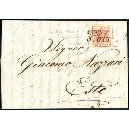 1850, 15 Cent. rosso, prima tiratura, su lettera da Venezia, firm. Gazzi (Sass. 3a - ANK 3HI - Erstdruck)
