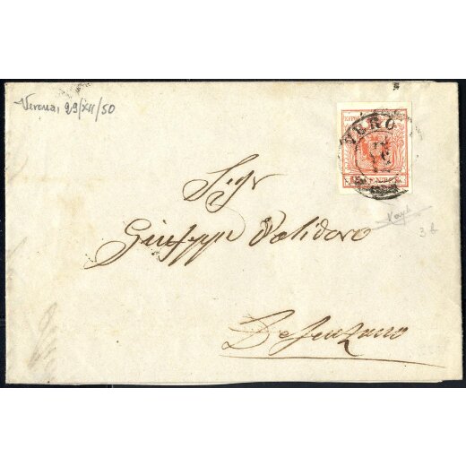 1850, 15 Cent. rosso carminio, prima tiratura, su lettera da Verona, firm. Raybaudi (Sass. 3b - ANK 3HI - Erstdruck)
