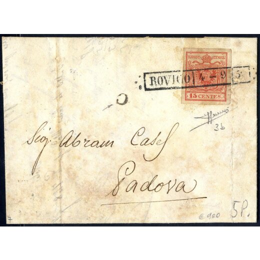 1850, 15 Cent. rosso carminio, prima tiratura, su lettera da Rovigo, firm. Sorani (Sass. 3b - ANK 3HI - Erstdruck)