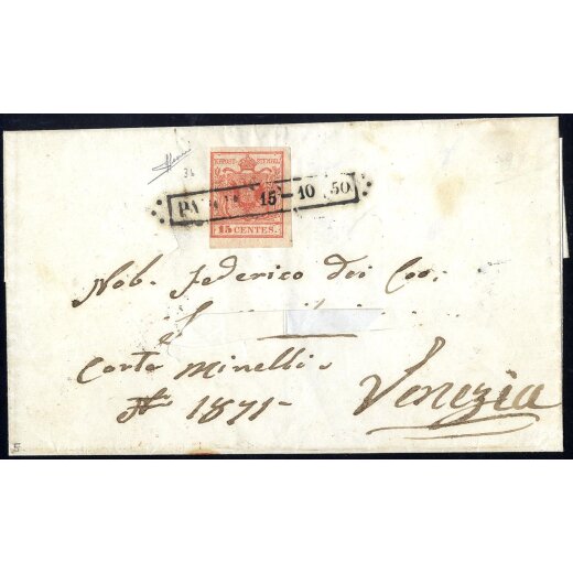 1850, 15 Cent. rosso carminio, prima tiratura, su lettera da Padova, firm. Sorani (Sass. 3b - ANK 3HI - Erstdruck)
