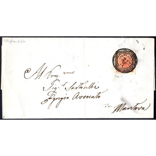 1850, 15 Cent. rosso vermiglio, primo tipo, su lettera da Ostiglia (Sass. 3e - ANK 3HI)