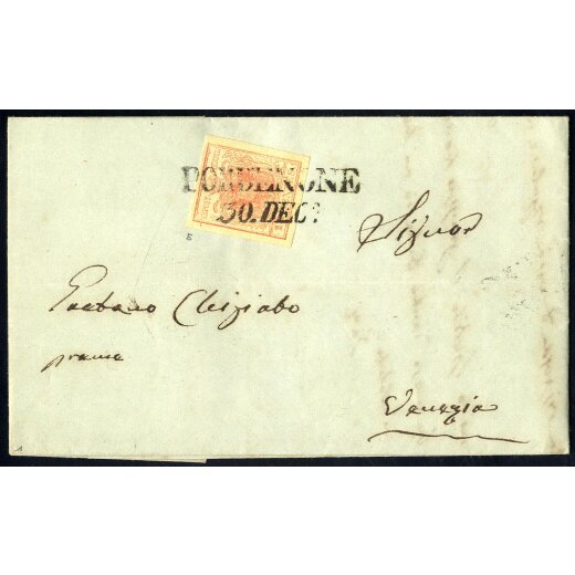 1850, 15 Cent. rosa. secondo tipo su lettera da Pordenone (Sass. 5 - ANK 3HII)