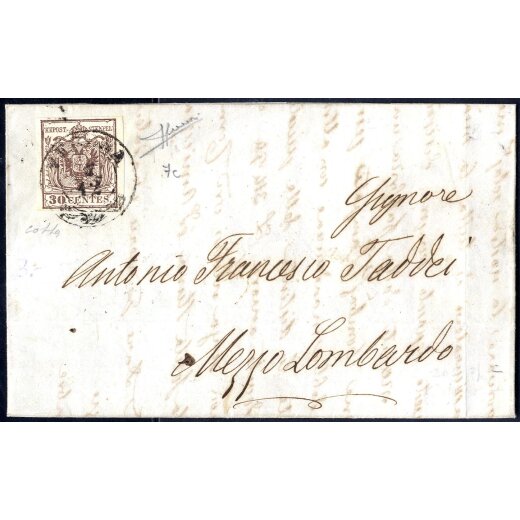 1850, 30 Cent. bruno scuro, primo tipo - prima tiratura, su lettera da Verona, firm. Sorani e Colla (Sass. 7c - ANK 4HI Erstdruck)