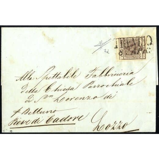 1850, 30 Cent. bruno scuro, primo tipo, su lettera da Treviso, firm. Sorani (Sass. 7d - ANK 4HI)