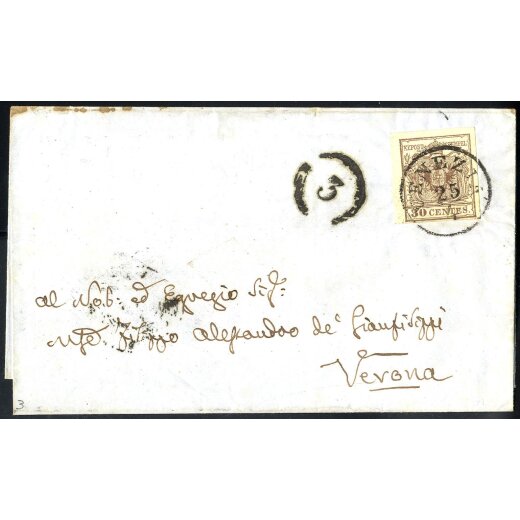 1850, 30 Cent. bruno scuro, secondo tipo, su lettera da Venezia (Sass. 8 - ANK 4HIII)