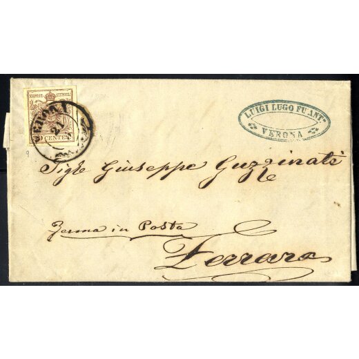 1850, 30 Cent. bruno lillaceo, secondo tipo, su lettera da Verona per Ferrara nel Ducato di Modena (Sass. 9 - ANK 4HIII)