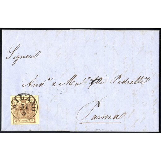 1854, Lettera della seconda distanza per l estero da Milano per Parma affrancata con 30 Cent. bruno - stampa povera (Sass. 21 - ANK 4MIII)