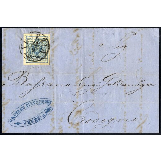 1854, 45 Cent. azzurro, carta a macchina, su lettera da Venezia (Sass. 22 - ANK 5MIII)