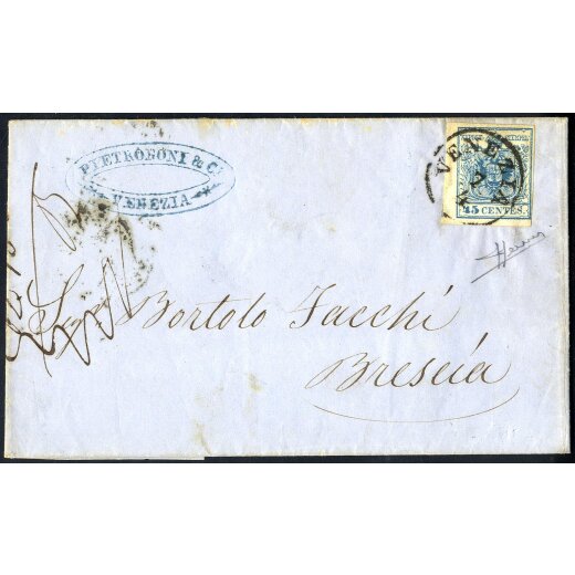 1854, 45 Cent. azzurro, carta a macchina, su lettera da Venezia, firm. Sorani (Sass. 22 - ANK 5MIII)
