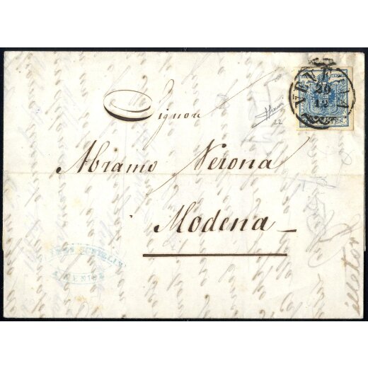 1850, Lettera della terza distanza per l estero da Venezia per Modena (Sass. 22 - ANK 5HIII)