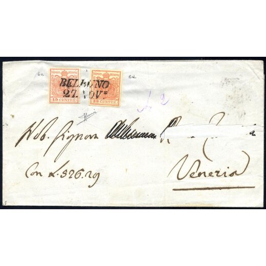 1850, 15 Cent. rosso, terzo tipo, due esemplari con tinte differenti su lettera da
Belluno, firm. Sorani (Sass. 6d+e - ANK 3HIII)