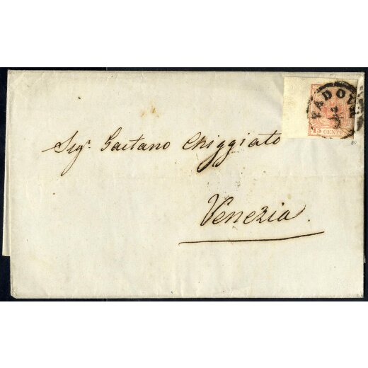 1854, 15 Cent. rosso, terzo tipo, bordo di foglio a sinistra su lettera da Padova (Sass. 20 - ANK 3MIII)