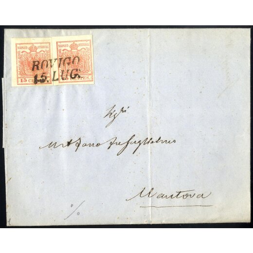 1854, 15 Cent. rosso, terzo tipo, due esemplari su lettera da Rovigo (Sass. 20 - ANK 3MIII)