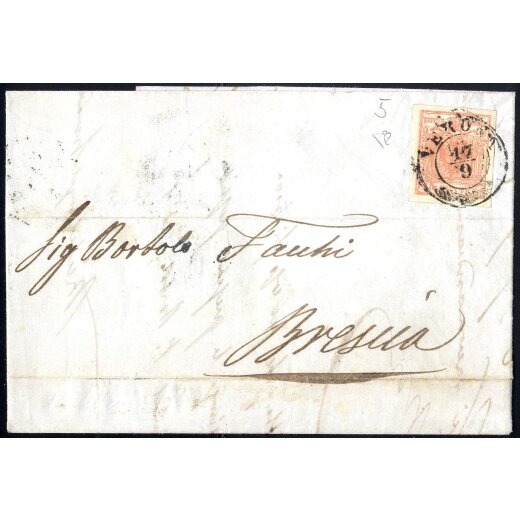 1850, 15 Cent. rosa, secondo tipo, su lettera da Verona, firm. E. Diena (Sass. 5 - ANK 5HIIb)