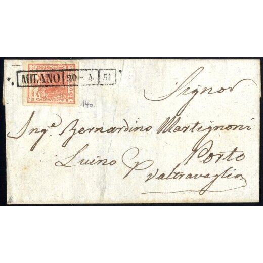 1851, &quot;Carta costolata&quot;, 15 Cent. rosso vermiglio chiaro, primo tipo, su lettera da Milano (Sass. 14a)