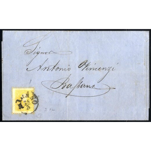 1858, 2 Soldi giallo, primo tipo, su circolare da Milano 25.3.1859, cert. E. Diena (Sass. 23 - ANK 6I)