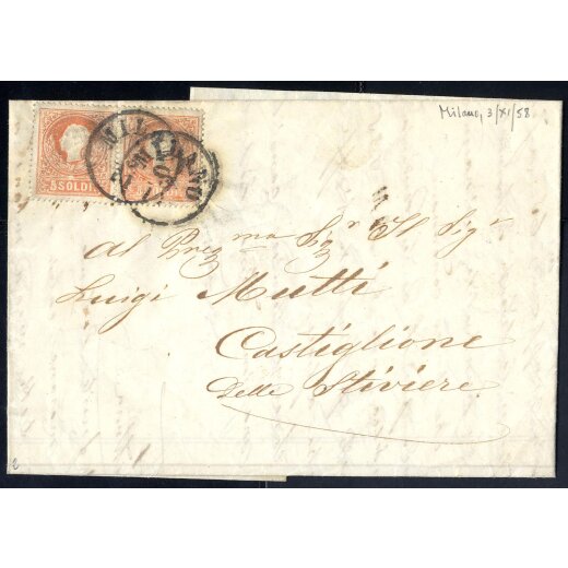 1858, 5 Soldi rosso, primo tipo, coppia su lettera da Milano 3.11.1858 (Sass. 25 - ANK 9I)