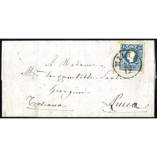 1858, 15 Soldi azzurro, primo tipo su lettera da Milano (Sass. 27 / 1000, - ANK 11I)