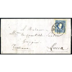 1858, 15 Soldi azzurro, primo tipo su lettera da Milano...