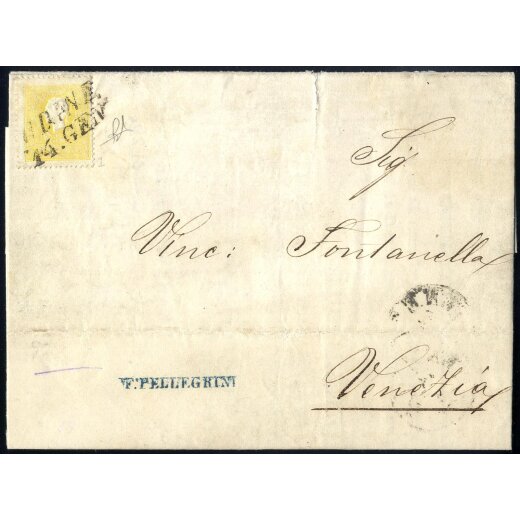 1858, 2 Soldi giallo, primo tipo, su circolare da Udine 14.1.1859, cert. Diena (Sass. 23 - ANK 6I)