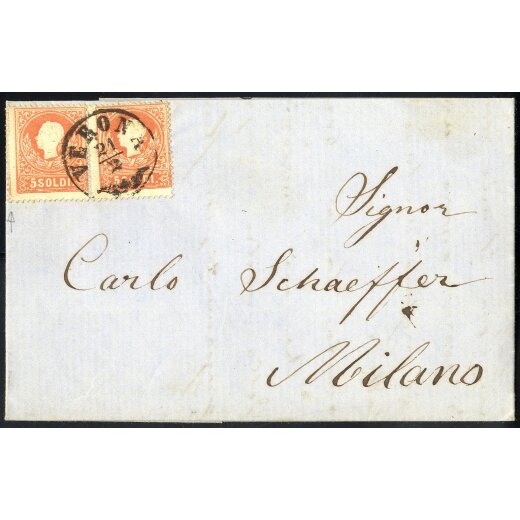 1858, 5 Soldi rosso, primo tipo, coppia con principio di croce a sinistra su lettera da Verona (Sass. 25 - ANK 9I)