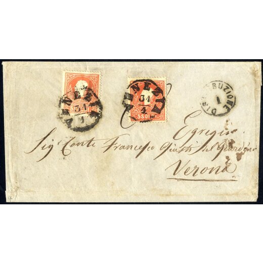 1859, 5 Soldi rosso, secondo tipo, due esemplari su lettera da Venezia (Sass. 30 - ANK 9II)