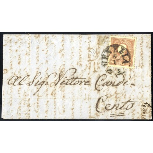 1858, 10 Soldi bruno, primo tipo, su lettera da Venezia, firm. E. Diena (Sass. 26 - ANK 10I)