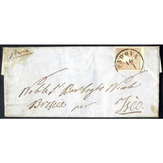 1858, 10 Soldi bruno, primo tipo, su lettera da Padova (Sass. 26 - ANK 10I)