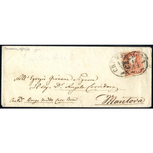1858, 5 Soldi rosso primo tipo, su lettera da Cremona il 15.12., per Mantova, (Sass. 25 - ANK 9I)