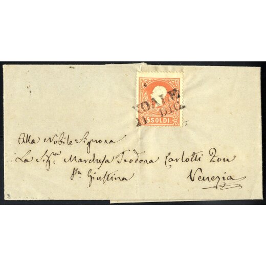 1858, 5 Soldi rosso primo tipo, su lettera da Novale il 21.12., per Venezia, (Sass. 25 - ANK 9I)