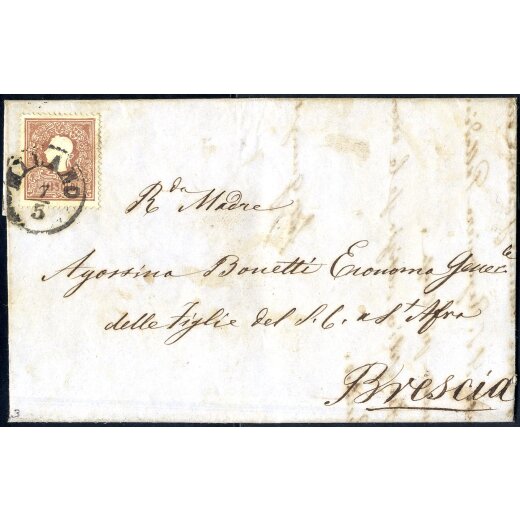 1858, 10 Soldi bruno primo tipo, su lettera da Milano il 7.5., per Brescia, (Sass. 26 - ANK 10I)