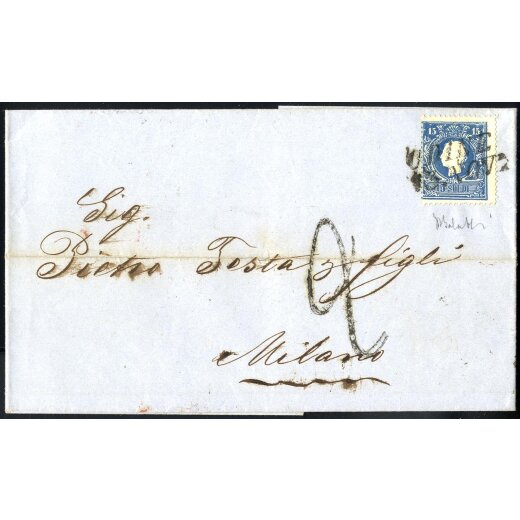 1859, 15 Soldi azzurro secondo tipo, su lettera da Udine il 13.11., per Milano (Sass. 32 - ANK 11II)