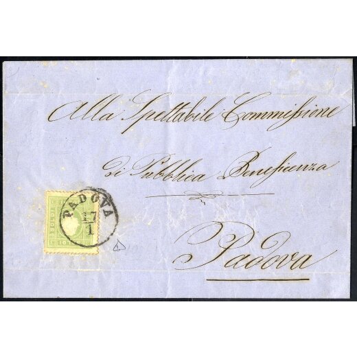 1862, 3 Soldi verde giallo, su lettera da Padova il 17.1., per citt?, firmata ED, (Sass. 35- ANK 8)
