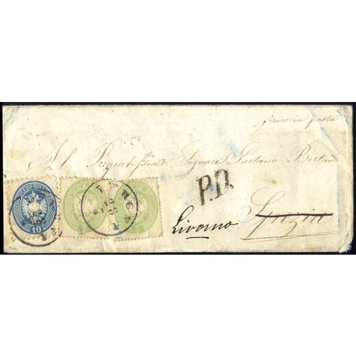 1863/64, Lettera di tre sezioni da Verona con affrancatura mista 3 + 3 Soldi verde, quarta emissione, pi? 10 Soldi azzurro, quinta emissione, annullo "P. D." sul fronte (Sass. 37+37+44 - ANK 15+15+22)