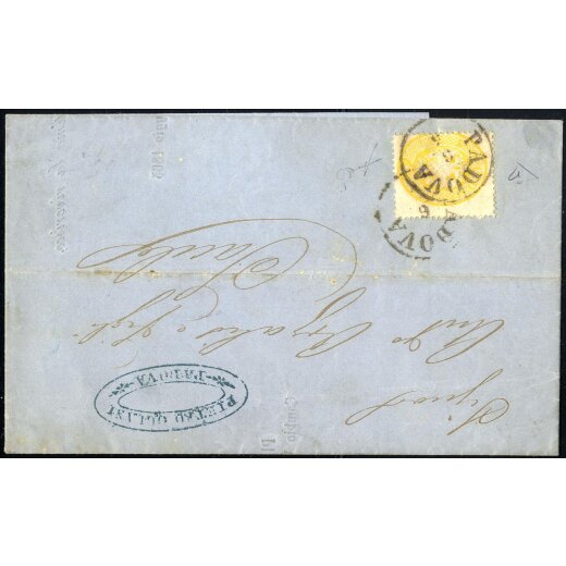 1863, 2 Soldi giallo, su circolare da Padova il 6.5., per Sacile, certificato Enzo Diena (Sass. 36- ANK 14)