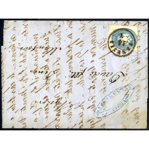 1863, 10 Soldi azzurro, su lettera da Venezia il 13.4., per Mantova, firmata Sorani, (Sass. 39- ANK 17)